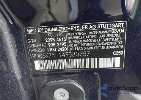 2004 Mercedes-Benz Sl 500 from USA, damaged, VIN WDBSK75F14F080757